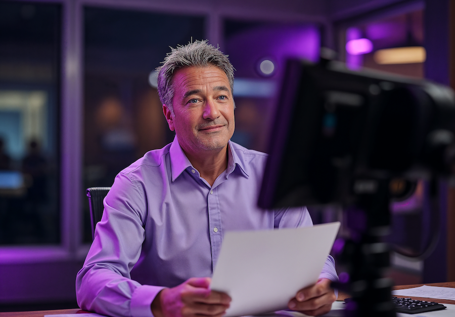 9. a male newscaster speaking to a camera